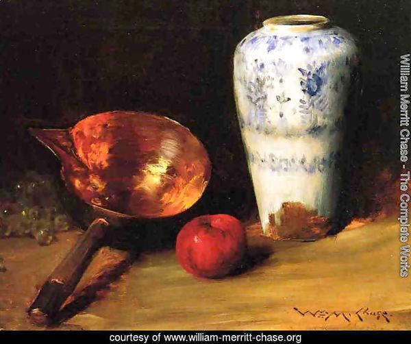 Still Liife with China Vase, Copper Pot, an Apple and a Bunch of Grapes