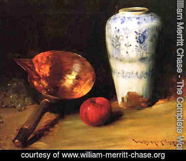William Merritt Chase - Still Liife with China Vase, Copper Pot, an Apple and a Bunch of Grapes