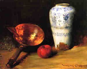 Still Liife with China Vase, Copper Pot, an Apple and a Bunch of Grapes