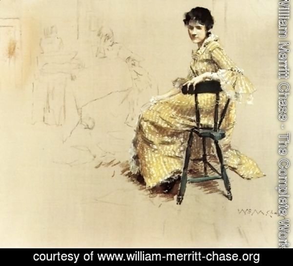 William Merritt Chase - Seated Woman in Yello Striped Gown
