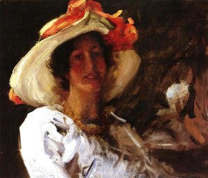 William Merritt Chase - Portrait Of Clara Stephens Wearing A Hat With An Orange